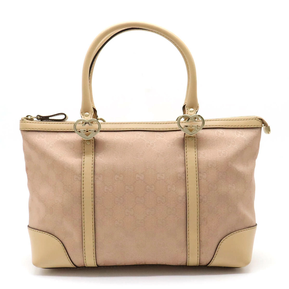 Gucci GG Canvas Lovely Heart Tote Bag Handbag Leather Glitter Pink Beige Cream